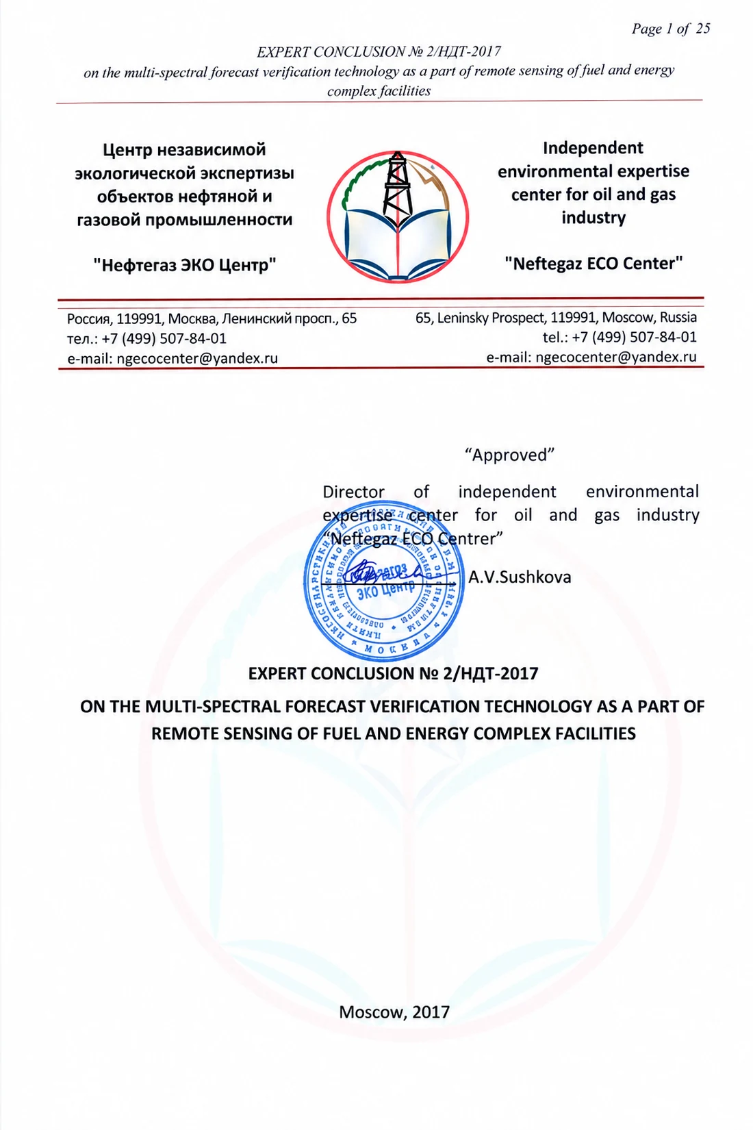 Cover of the expert conclusion issued by Neftegaz ECO Center