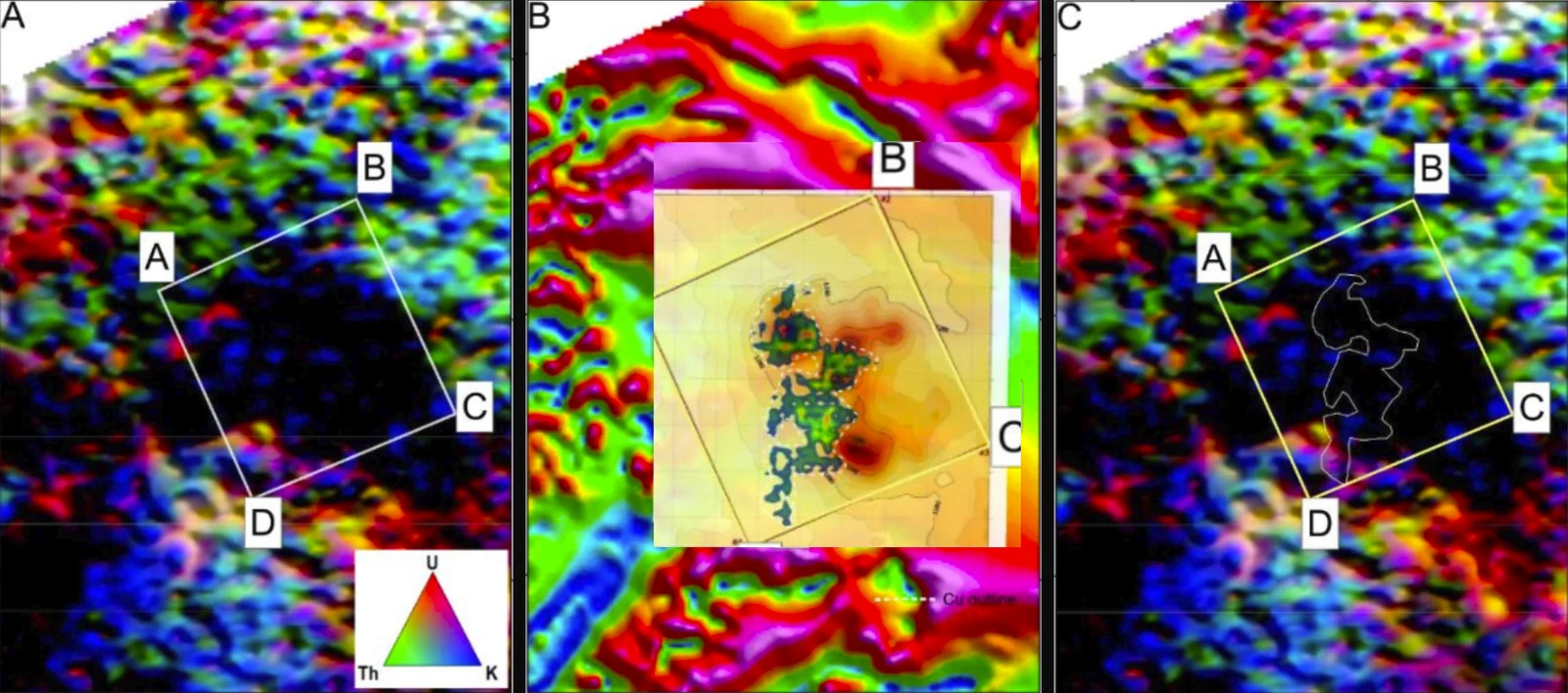 Ternary radiometric image compared with the VMF gold outline, Sinclair Mines, Namibia