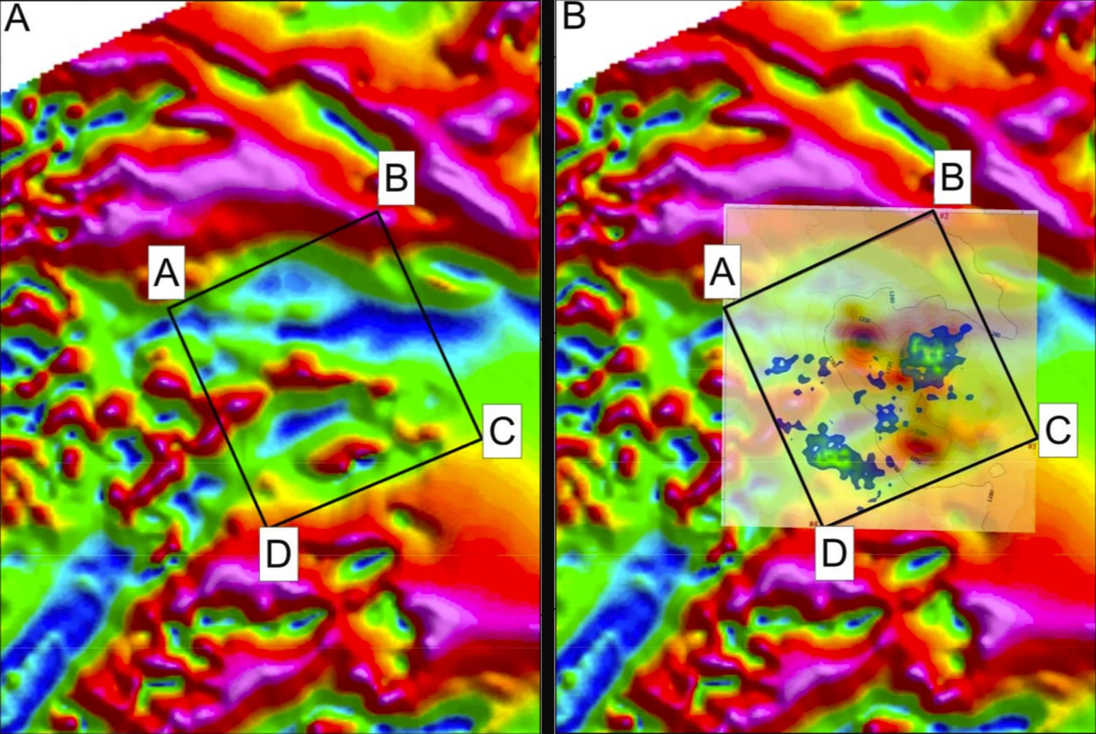 Aeromagnetic tilt derivative compared with VMF copper intensity, Sinclair Mines, Namibia